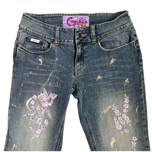 CANDIE’S Vintage Y2K 90’s Floral Embroidery Bell Bottoms Blue jeans Size 7/28 - Picture 2 of 10